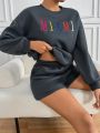SHEIN Essnce Women's Letter Embroidered Drop Shoulder Sweatshirt And Shorts Two Piece Set