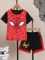 SHEIN Kids EVRYDAY 2pcs/Set Young Boys' Casual Spider Web & Spider Print T-Shirt With Colorblock Detail And Shorts, Spring & Summer