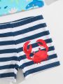 Baby Boy Striped & Cartoon Graphic Beach Swimsuit & Cap