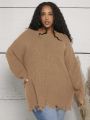 SHEIN CURVE+ Women'S Plus Size Drop Shoulder Sweater With Frayed Hem