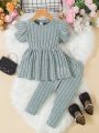 Baby Girls' Round Neck Flying Sleeve Top And Pants Set, Lounge Wear Comfortable Solid Color Outfit