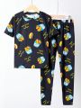SHEIN Tween Boys' Casual French Fries & Burger Print Round Neck Pullover Short Sleeve Top And Tight Knitted Long Pants Homewear Set
