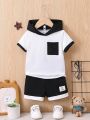 Baby Boys' Colorblock Hooded T-Shirt With Pocket And Shorts Set