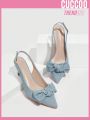 Everyday Collection Women Bow Decor Cone Heeled Slingback Pumps, Fashion Blue Pumps