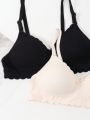 Teenage Girls' 2pcs Solid Color Bra With Scalloped Edges