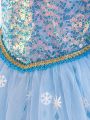 Little Girls' Romantic And Gorgeous Shiny Blue Bubble Sleeve Princess Tulle Dress