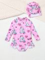 Infant Girls' Unicorn Printed Long Sleeve One-Piece Swimsuit With Swim Cap