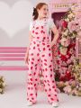SHEIN Teen Girls' Strawberry Pattern Woven Jumpsuit With Pockets And Suspender Straps For Casual Wear