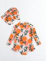Baby Girl's Orange Printed Zipper Front One-Piece Swimsuit With Hat