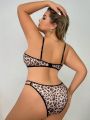 Women'S Plus Size Leopard Print Hollow Out Bra And Panties Set