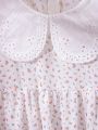 Baby Girl Elegant Princess Style Romper With Small Floral Print And Cute Triangle Diaper Cover