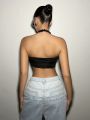 SHEIN ICON Women's Slim Fit Mesh Splice Structured Halter Neck Tank Top