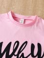 SHEIN Kids EVRYDAY Girls' Letter Print Short Sleeve T-Shirt And Sports Pants Set