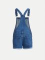 Girls' Basic Daily Casual Mid-Blue Washed Rolled Hem Elastic Slim Denim Suspender Shorts