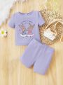 SHEIN Infant Girls' Cute Cartoon Rabbit & Slogan Pattern Short Sleeve Tight-Fitting Homewear Set With Shorts