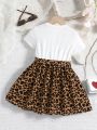 SHEIN Kids EVRYDAY Young Girl Slogan Leopard Print Vacation/cute Street Style Dress, Regular Sleeve With Small Round Neck For Summer