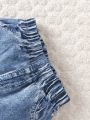Baby'S Textured Top And Denim Printed Long Pants Set