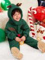 SHEIN Toddler Boys' Cute Fun Animal Embroidery Round Neck Plush Sweater With Pom-Pom Decoration, Top & Pants & Deer Antlers Shaped Hat Outfits
