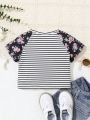 SHEIN Baby Girl's Casual Knit Striped Top With Floral Insert Short Sleeve Tee
