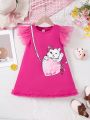 SHEIN Kids QTFun Little Girls' Knitted Mesh Patchwork Cat Handbag Printed Dress
