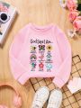 Toddler Girls' Cute Cartoon Letter Print Long Sleeve Pullover Sweatshirt For Casual Wear, Autumn And Winter