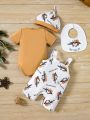 SHEIN Infant Boys' Casual Short Sleeve Romper & Cartoon Print Suspenders Shorts & Hat & Drool Bib Set For Summer