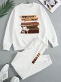 Slogan Graphic Thermal Lined Sweatshirt & Drawstring Waist Sweatpants