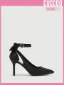 Cuccoo Everyday Collection Women Bow Decor Ankle Strap Point Toe Stiletto Heeled Pumps, Glamorous Black Satin Pumps