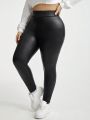 SHEIN Essnce Plus Size Women's Stretchy Pu Leather Long High Waisted Leggings