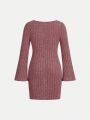 SHEIN Tween Girls' Fashionable Sweetheart Knitted Solid Color Fitted Long Sleeve Sweater Dress With Large Round Neck