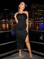 SHEIN SXY New Year's Eve Dress For Women High Slit Black Fur Collar Long Tight Sexy Party Tube Top Dress