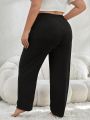 Simple Printed Sporty Casual Style Black Plus Size Pants, Lounge Pants