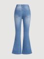 SHEIN Tween Girls' Heart Embroidered Stretchy And Fashionable Flared Jeans With Iron-On Patch Decoration