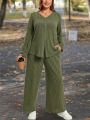 SHEIN LUNE Plus Size Solid Color Ribbed Knit Two Piece Set