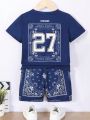 SHEIN Kids SUNSHNE Toddler Boys' Casual Comfortable Printed Short Sleeve Top And Shorts Set