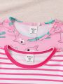 SHEIN Kids Nujoom Toddler Girls' Pink Cute Shark Pattern Striped Short Sleeve & Shorts 4-Piece Home Wear Set
