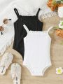 SHEIN Baby Girls' Casual Solid Color Hollow Out Strap Bodysuit Two Piece Set