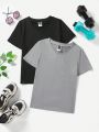 SHEIN Daily&Casual 2pcs/Set Solid Color V-Neck Loose Fit Sports T-Shirt