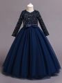Little Girls' Long Sleeve Vintage Elegant Dress With Sequin & Mesh Patchwork And Big Swing Hem