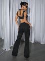 SHEIN ICON Women's Slim Fit Ultra-cropped Cami Top & Metal Buckle Detail Long Pants Fake Two Piece Set