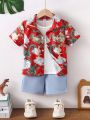 SHEIN Toddler Boys' Dragon Printed Short Sleeve Shirt And Shorts Set