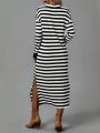 SHEIN LUNE Women's V-neck Striped Drop Shoulder Slit Hem Maxi Dress