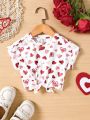 SHEIN Infant Girls' Lovely Heart Print Twist Knot Drop Shoulder Short Sleeve Top