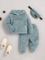 SHEIN Baby Boys' Letter Embroidered Plush Hoodie And Long Pants Two Pieces Set