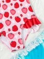 Baby Girl's Strawberry Print Asymmetrical Ruffle Swimsuit