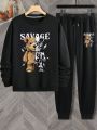 Men's Plus Size Round Neck Sweatshirt Set With Bear & Letter Print