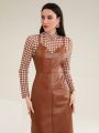 SHEIN Mulvari Women's Pu Leather Patchwork A-line Dress With Houndstooth Pattern
