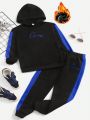 SHEIN Tween Boy Casual Comfortable Side Contrast Stitching Warm Fleece Lined Hoodie And Pants Set