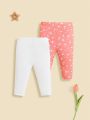 SHEIN Newborn Baby Girls' Heart Patterned Knitted Soft Long Pants, Solid Color 2pcs Set