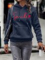Hooded Sweatshirt With Letter And Heart Embroidery And Drawstring